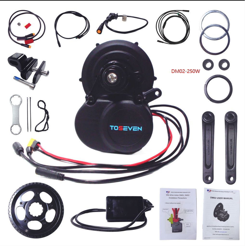 Electric motor kit with various components and TOSEVEN branding on a white background