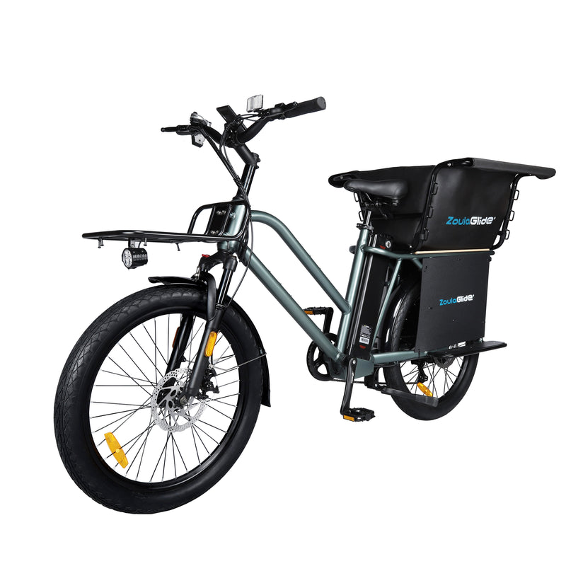 Electric cargo bike with a black seat and storage box on a white background